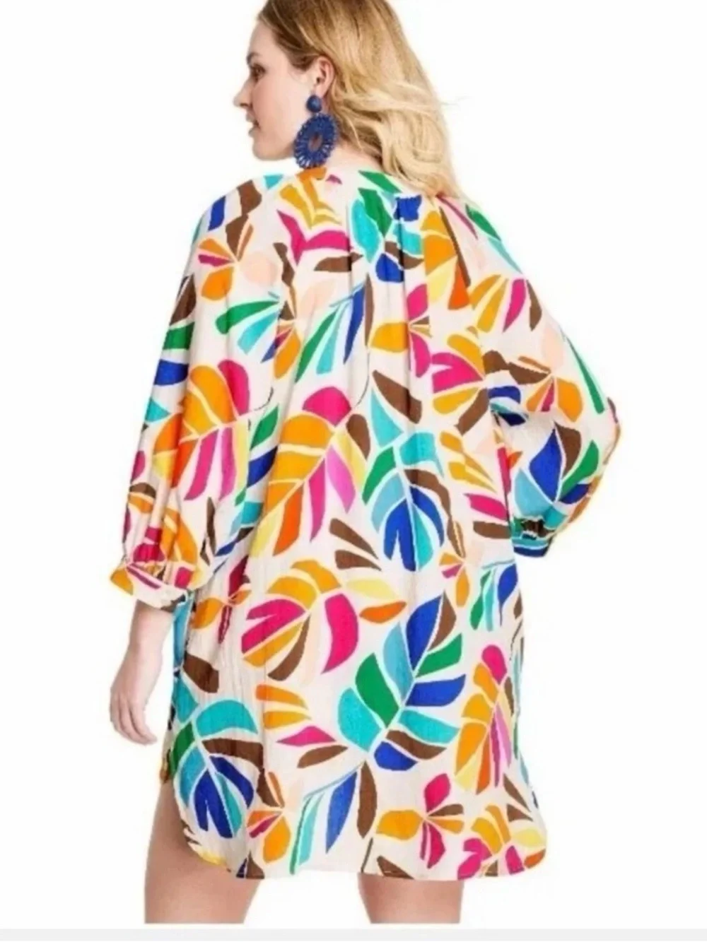 Bright Multicolor Leaf-Print Tunic Dress - Women's Plus - Picture 1 of 11
